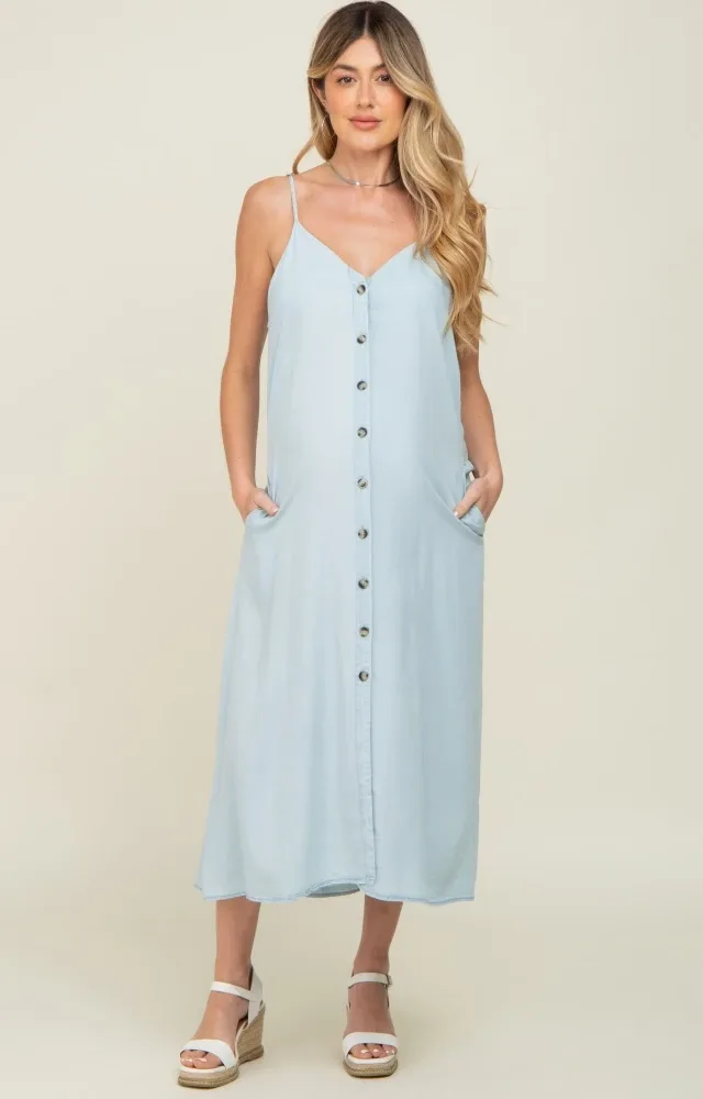 Light Blue Button Down Maternity Midi Tank Dress