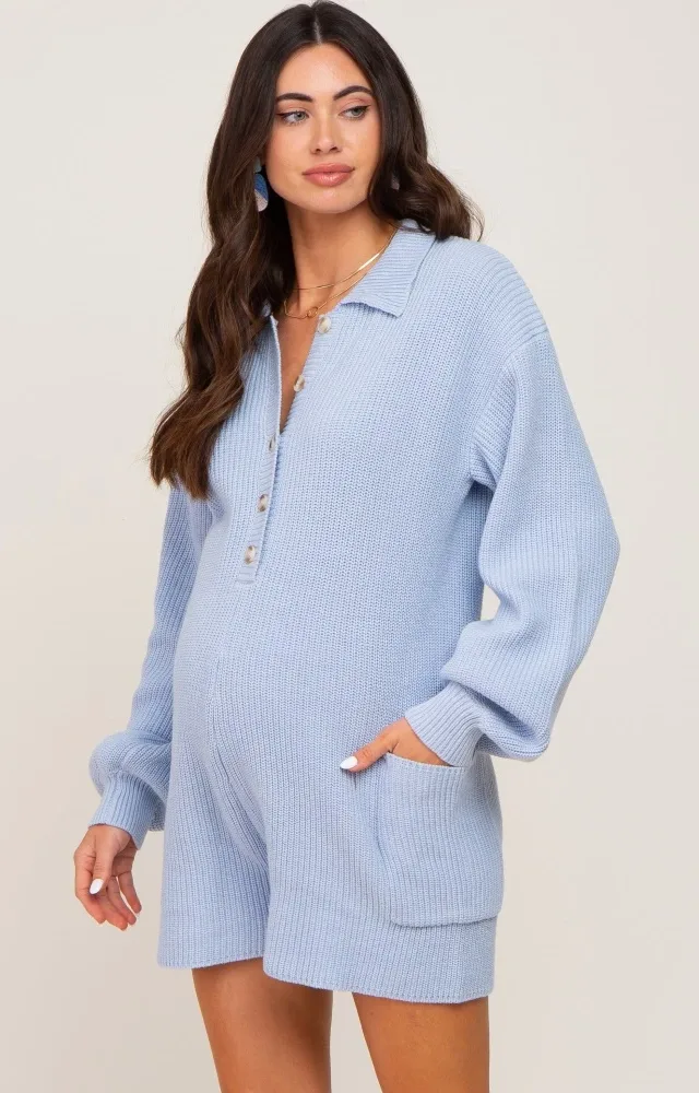 Light Blue Button Down Maternity Sweater Romper