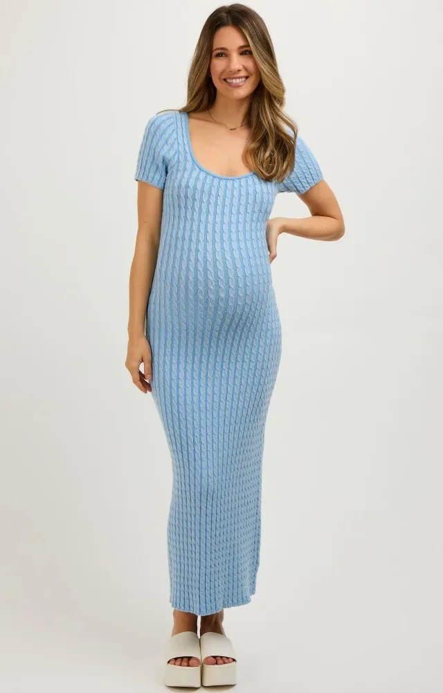 Light Blue Cable Knit Maternity Sweater Dress