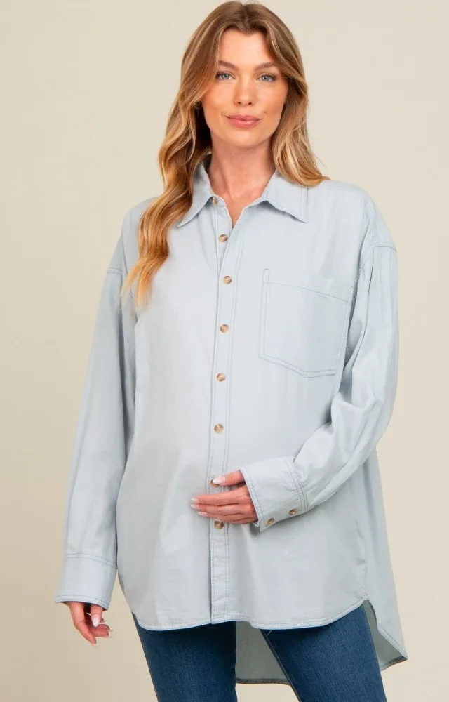 Light Blue Chambray Button Down Maternity Top