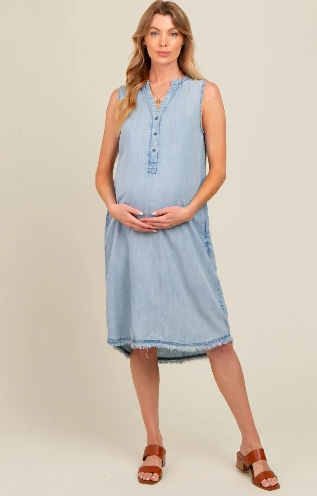 Light Blue Chambray Button Up Fringe Sleeveless Maternity Dress