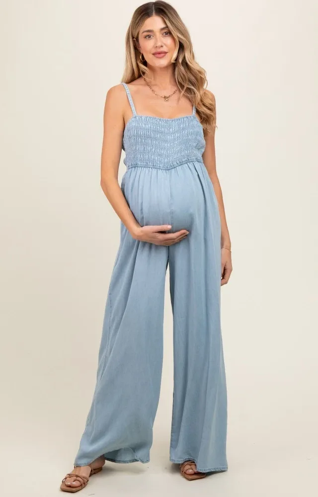 Light Blue Chambray Smocked Maternity Jumpsuit