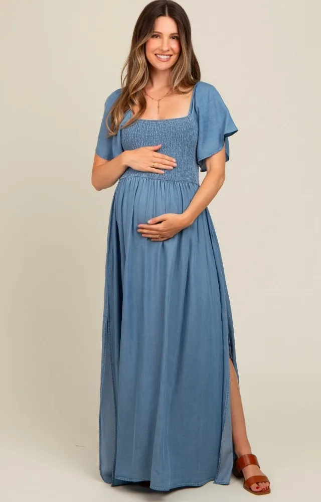 Light Blue Chambray Smocked Maternity Maxi Dress