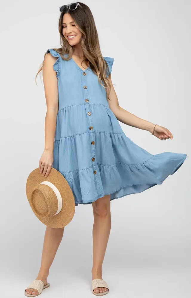 Light Blue Chambray Tiered Button Maternity Dress