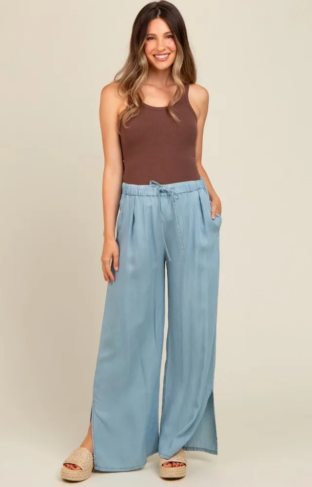 Light Blue Chambray Wide Leg Drawstring Maternity Pants