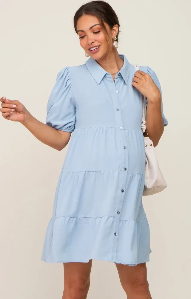 Light Blue Collared Button Front Tiered Maternity Dress