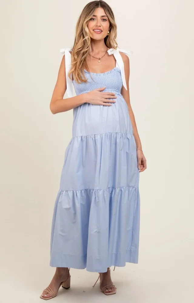 Light Blue Contrast Shoulder Straps Maternity Maxi Dress