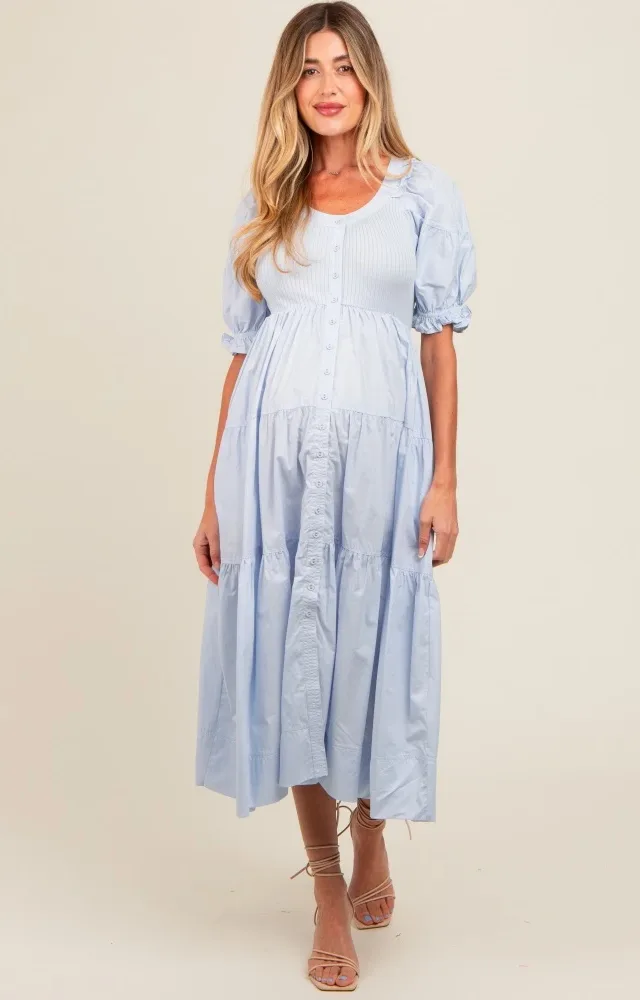 Light Blue Contrast Top Tiered Maternity Midi Dress