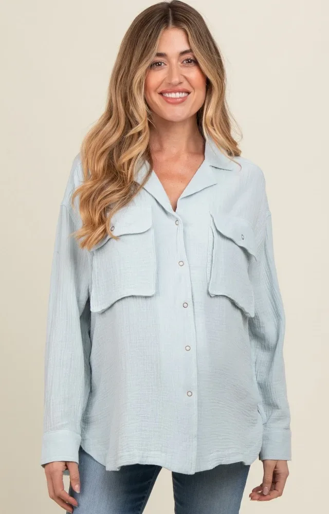 Light Blue Cotton Gauze Button Down Maternity Shirt