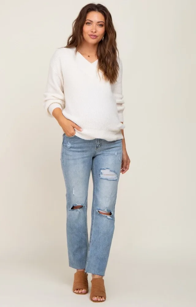 Light Blue Cropped Distressed Maternity Jeans