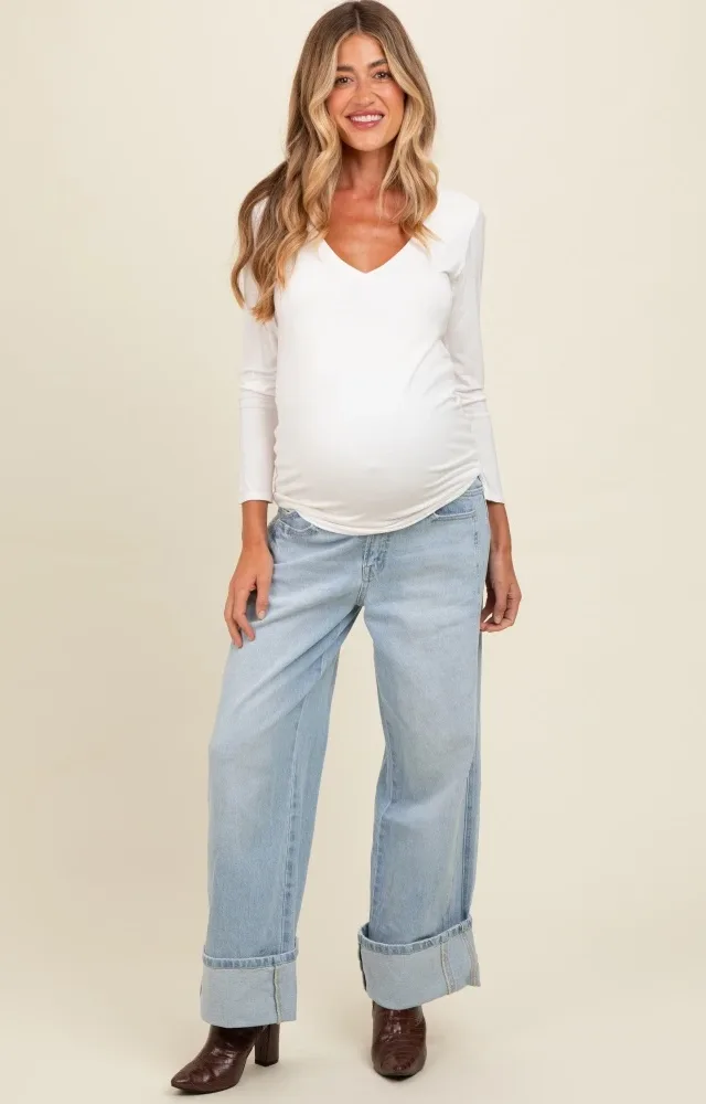 Light Blue Cuffed Relaxed Wide Leg Maternity Jeans