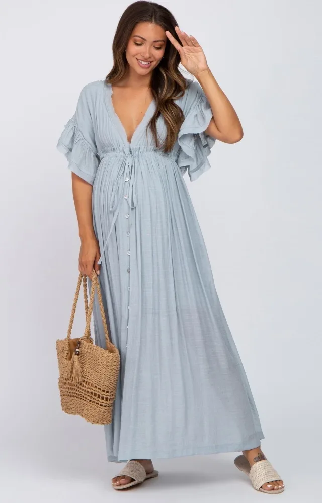 Light Blue Deep V-Neck Button Down Maternity Maxi Dress