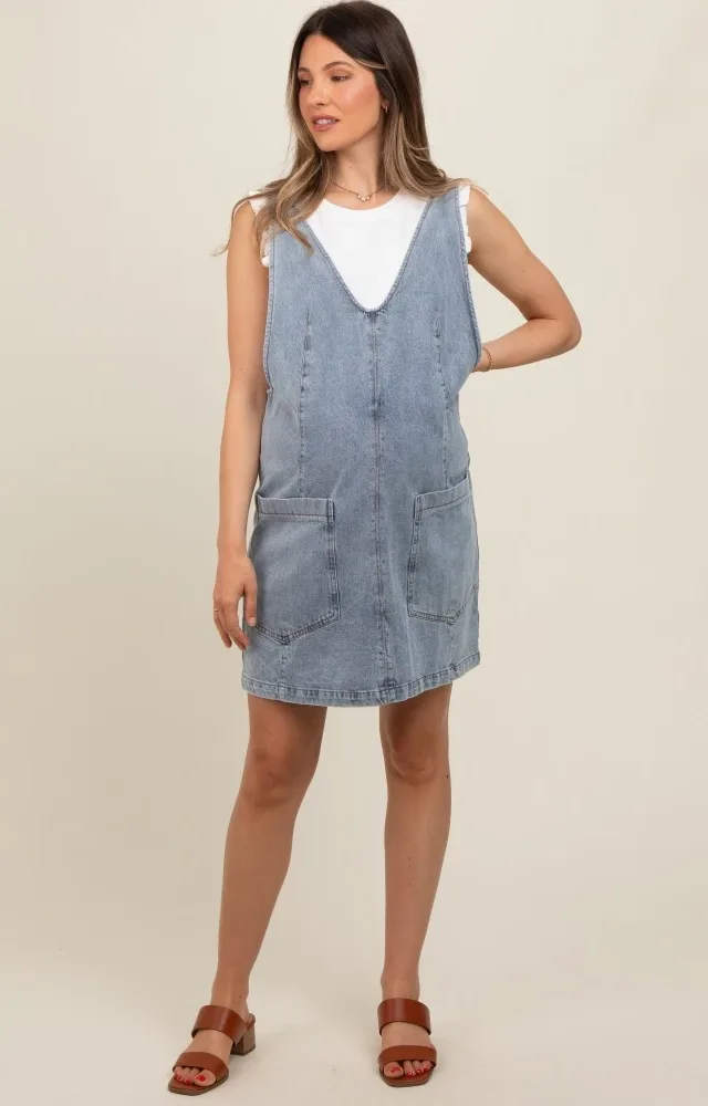 Light Blue Denim Front Pocket Maternity Skirt Overalls