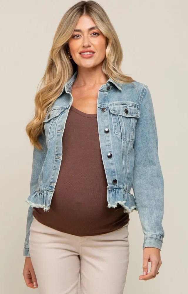 Light Blue Denim Ruffle Trim Maternity Jacket