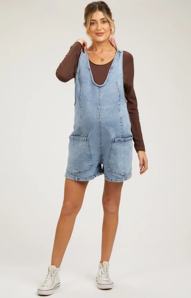 Light Blue Denim Scoop Neck Maternity Short Overall