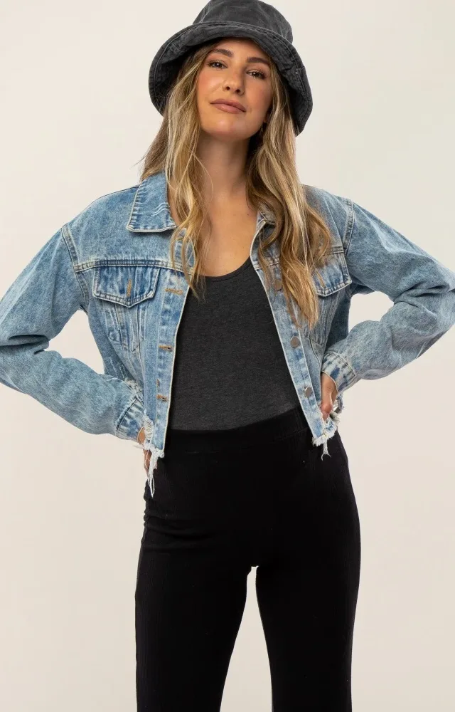 Light Blue Distressed Cropped Maternity Denim Jacket