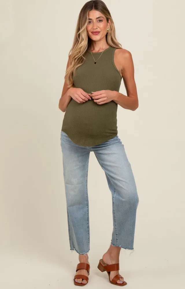 Light Blue Distressed Hem Maternity Straight Leg Jeans