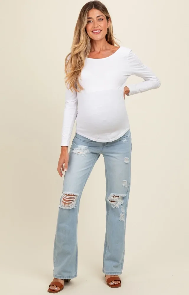 Light Blue Distressed Knee Wide Leg Maternity Jeans