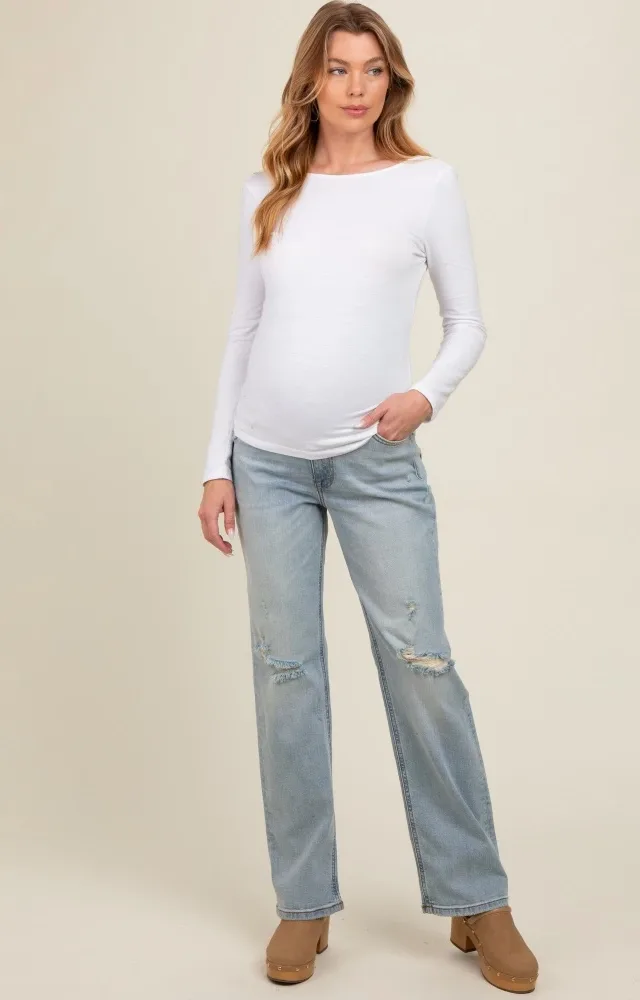 Light Blue Distressed Open Knee Maternity Straight Leg Jeans