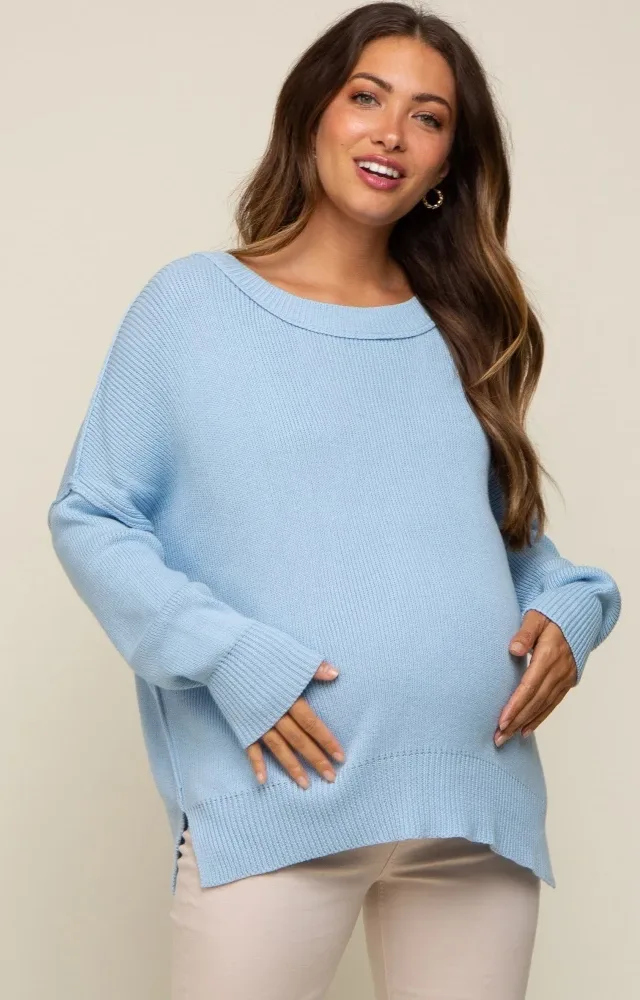 Light Blue Exposed Seam Side Slit Maternity Sweater