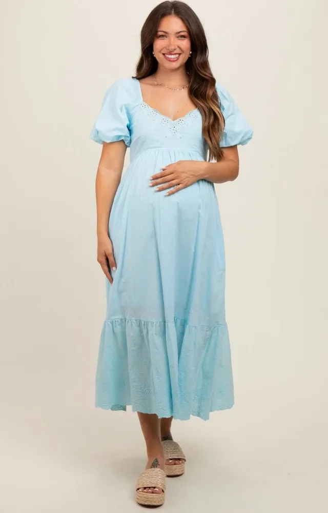 Light Blue Eyelet Scalloped V-Neck Short Puff Sleeve Maternity Midi Dress