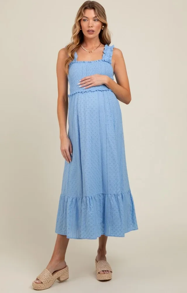 Light Blue Eyelet Smocked Square Neck Maternity Midi Dress