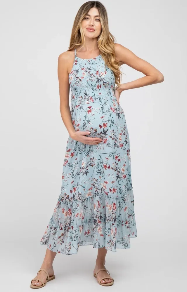 Light Blue Floral Chiffon Smocked Maternity Midi Dress