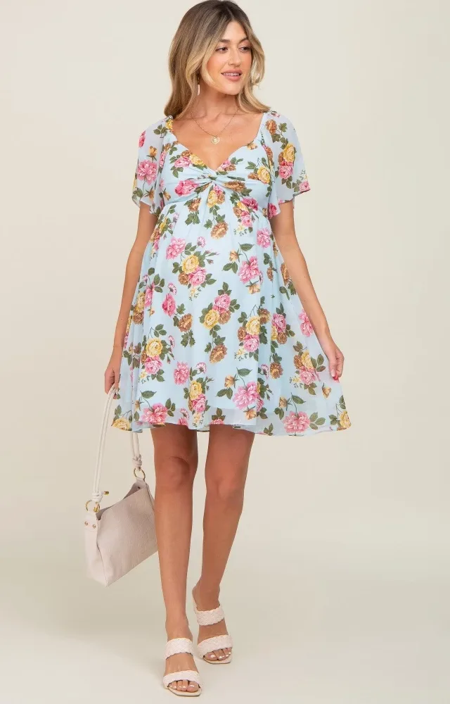 Light Blue Floral Chiffon Sweetheart Neck Maternity Dress