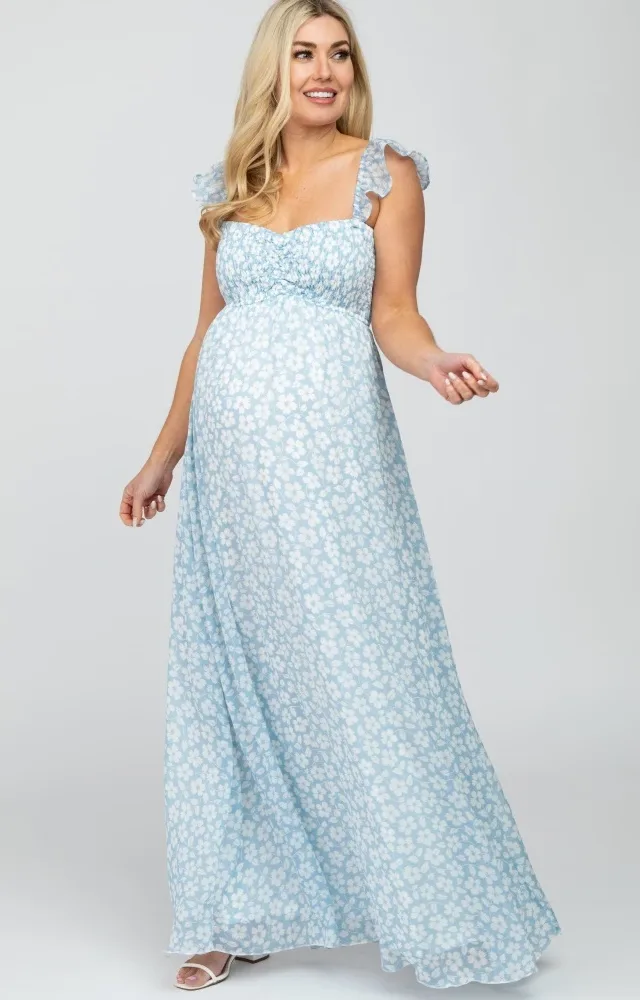 Light Blue Floral Chiffon Sweetheart Neck Off Shoulder Maternity Maxi Dress