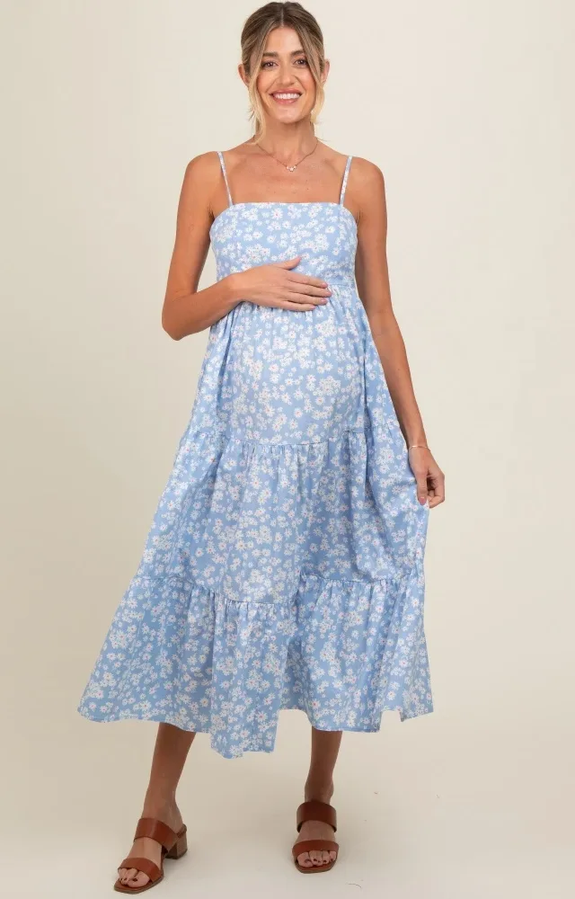 Light Blue Floral Cutout Tie Back Maternity Midi Dress