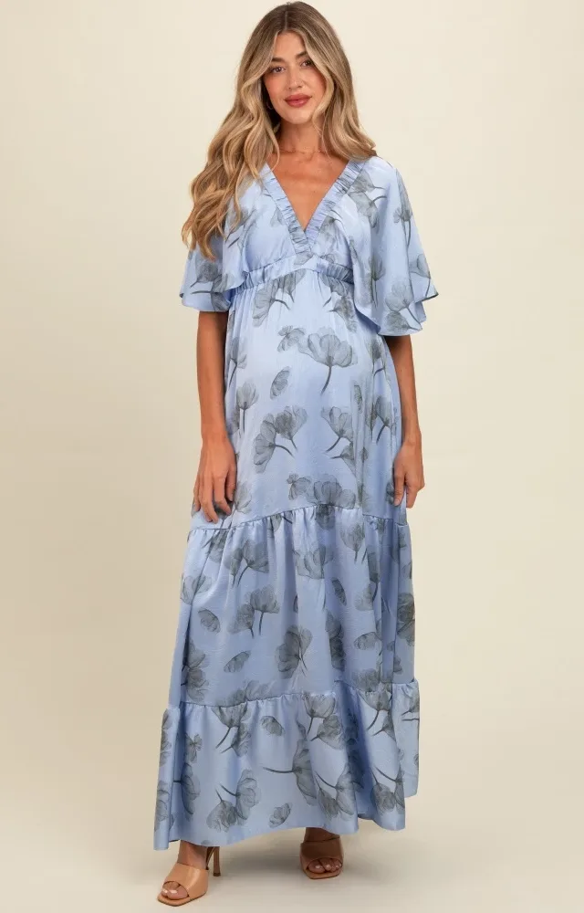 Light Blue Floral Deep V-Neck Maternity Maxi Dress