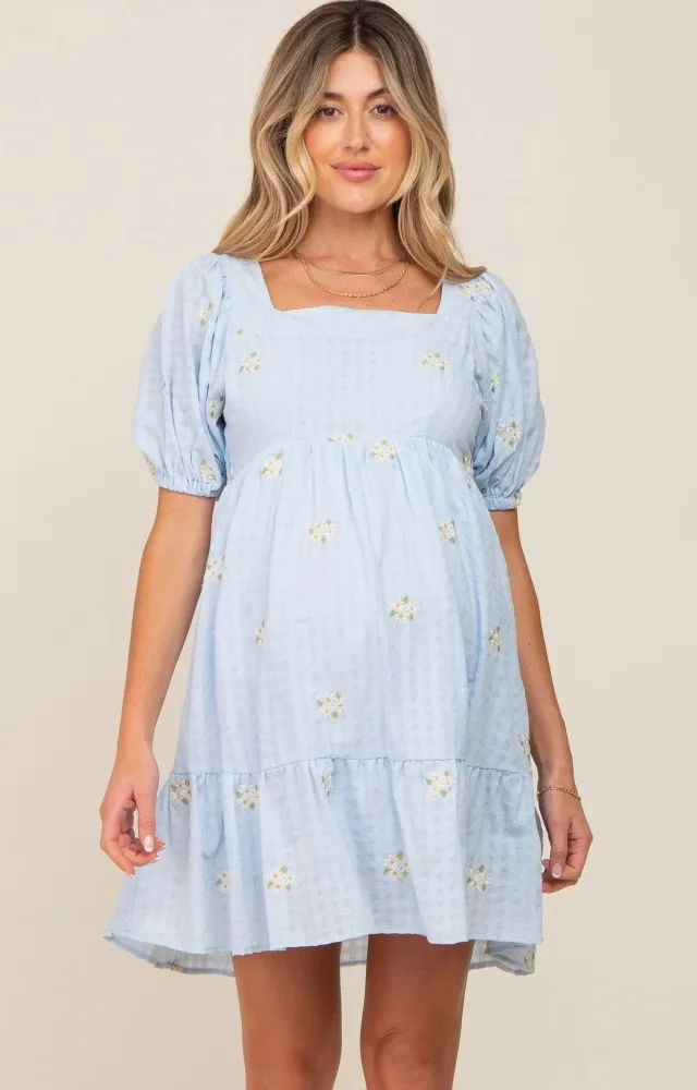 Light Blue Floral Embroidered Maternity Dress