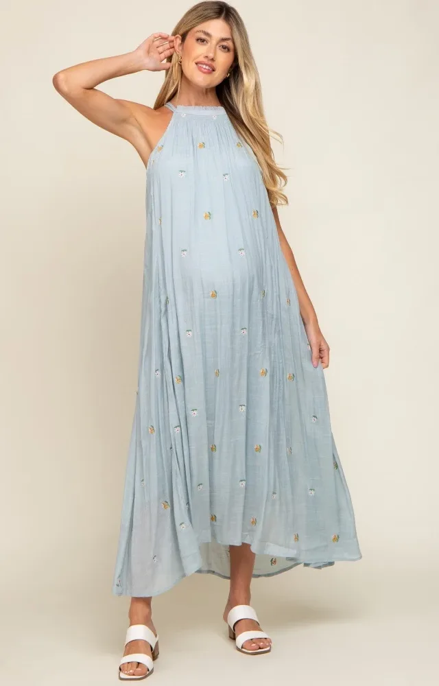 Light Blue Floral Embroidered Smocked Halter Maternity Midi Dress