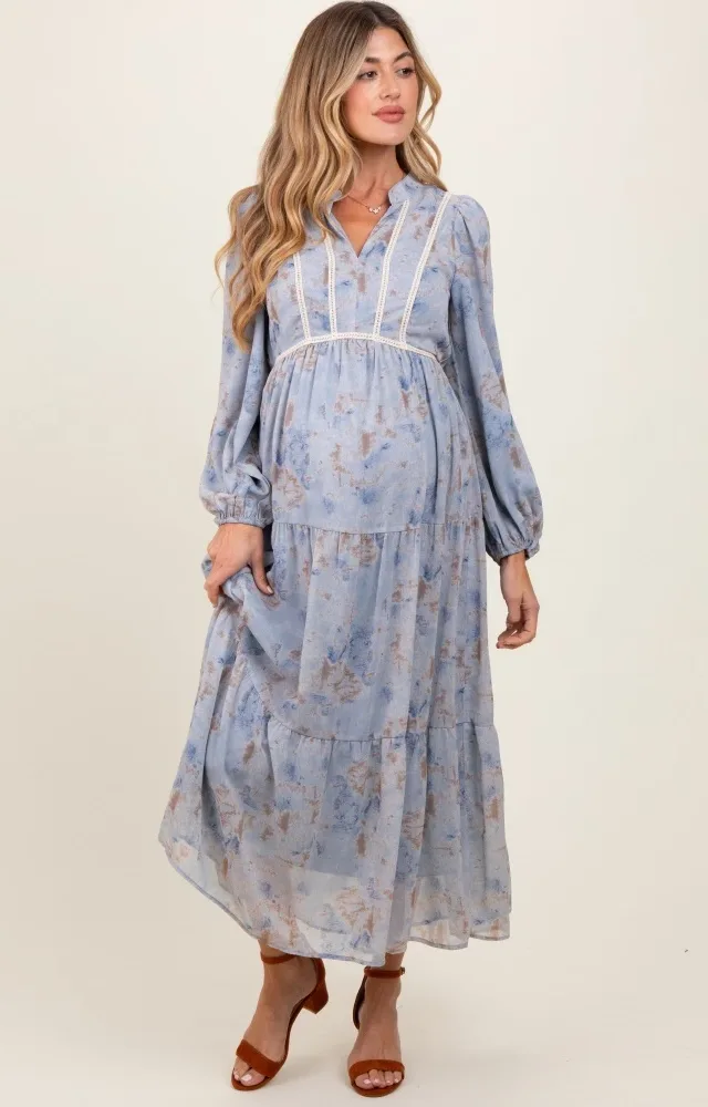 Light Blue Floral Lace Trim Maternity Maxi Dress