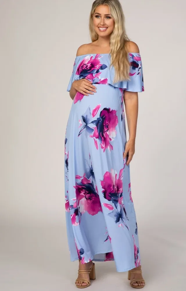 Light Blue Floral Maternity Maxi Dress