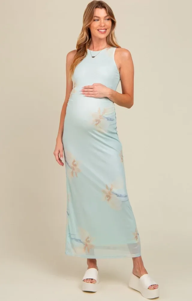 Light Blue Floral Mesh Overlay Maternity Midi Dress