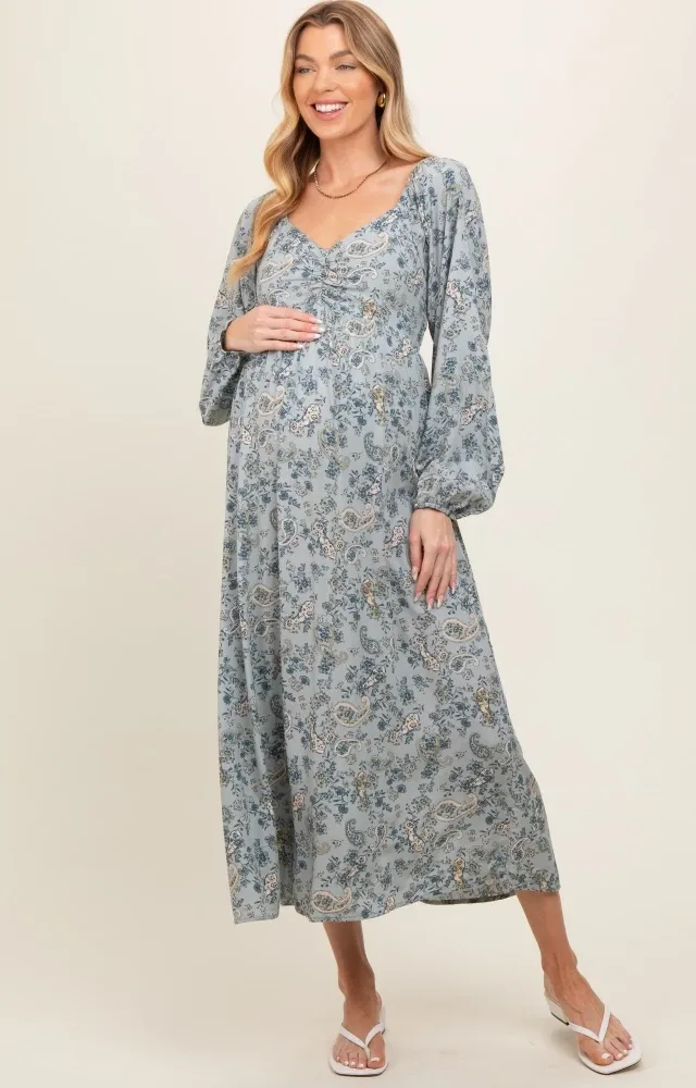 Light Blue Floral Paisley Long Sleeve Maternity Dress