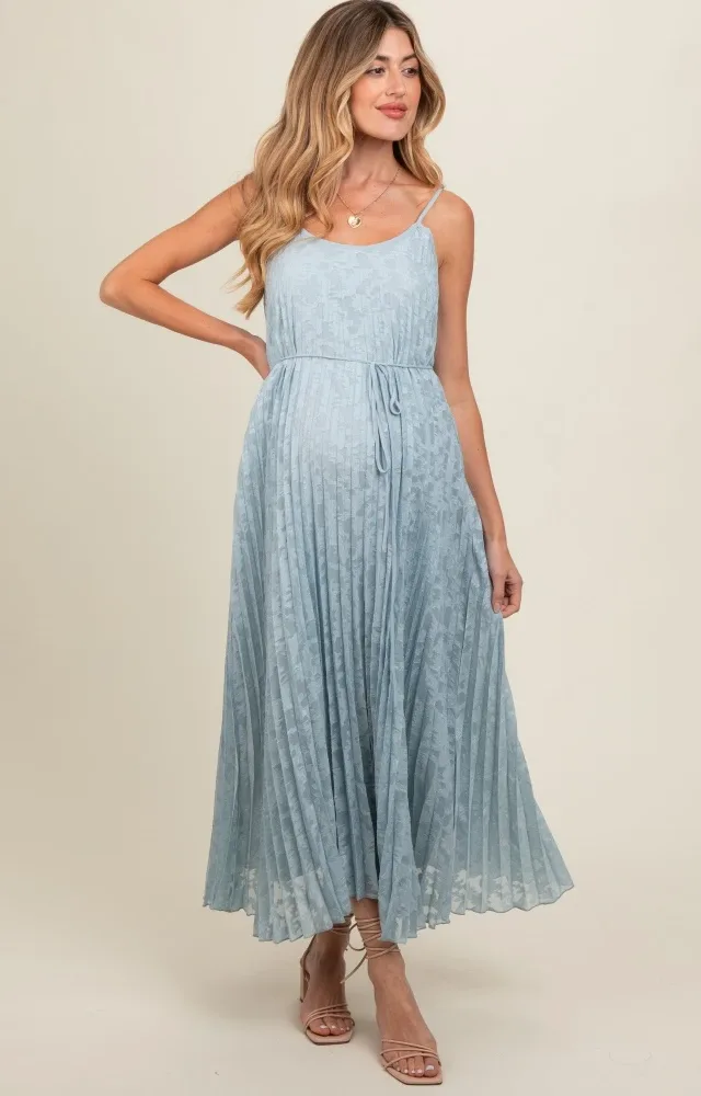 Light Blue Floral Pleated Maternity Maxi Dress