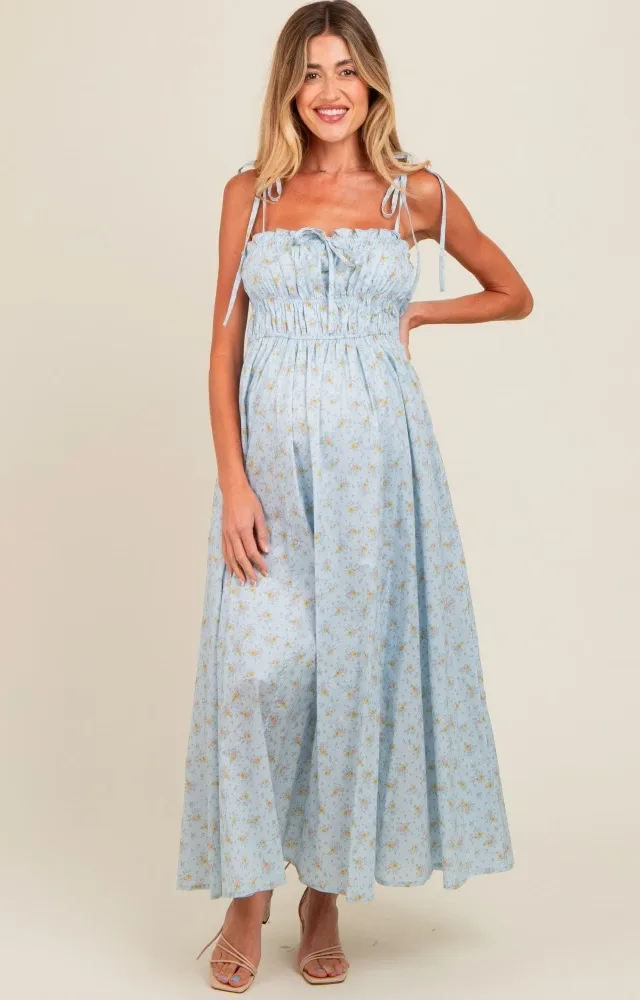 Light Blue Floral Ruched Bust Shoulder Tie Maternity Maxi Dress