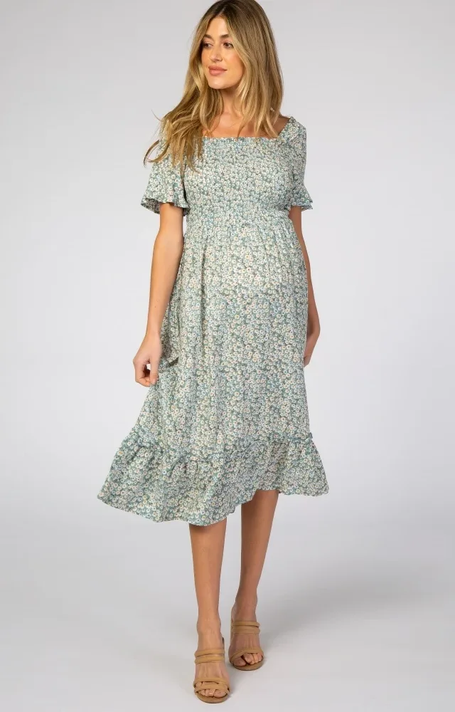 Light Blue Floral Ruffle Maternity Midi Dress