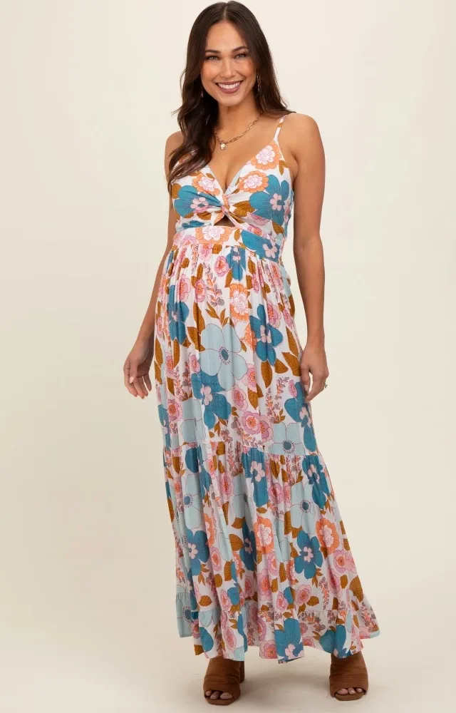 Light Blue Floral Sleeveless Maternity Maxi Dress