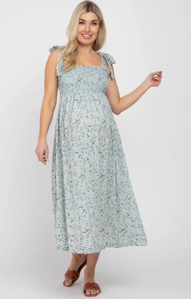 Light Blue Floral Smocked Maternity Midi Dress