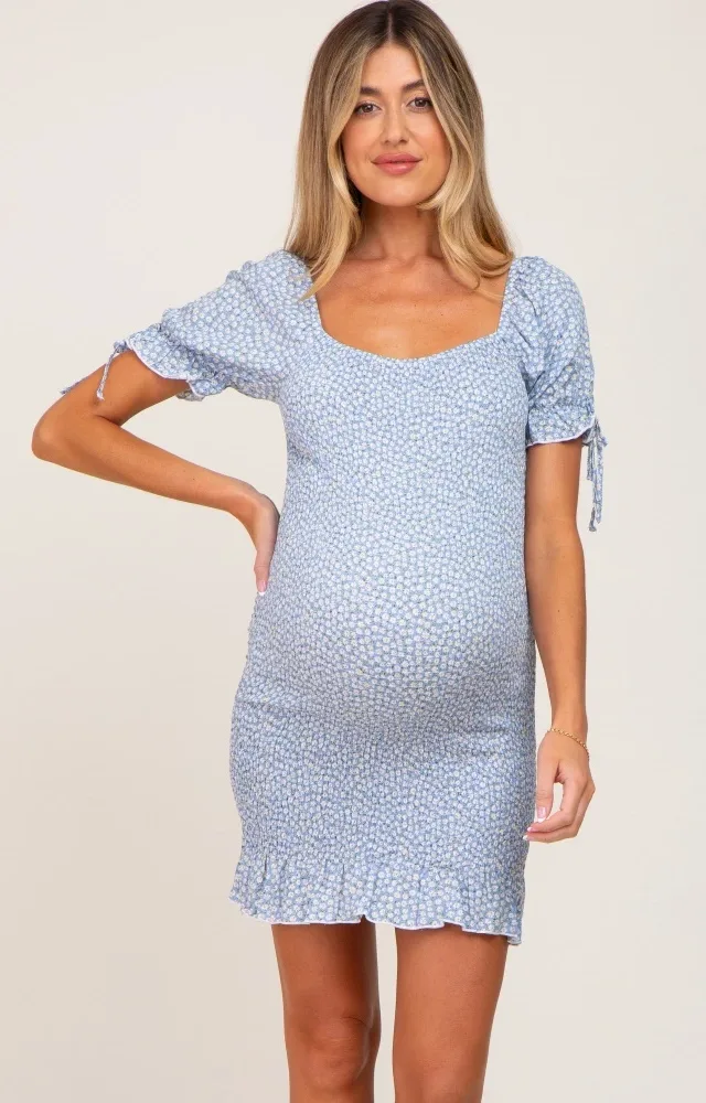 Light Blue Floral Smocked Short Puff Sleeve Maternity Mini Dress