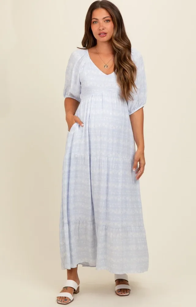 Light Blue Floral Tiered Maternity Maxi Dress