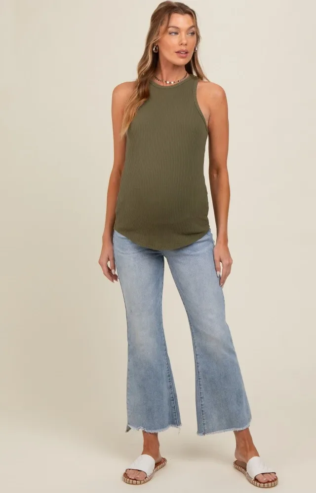 Light Blue Fringe Hem Maternity Crop Flare Jeans