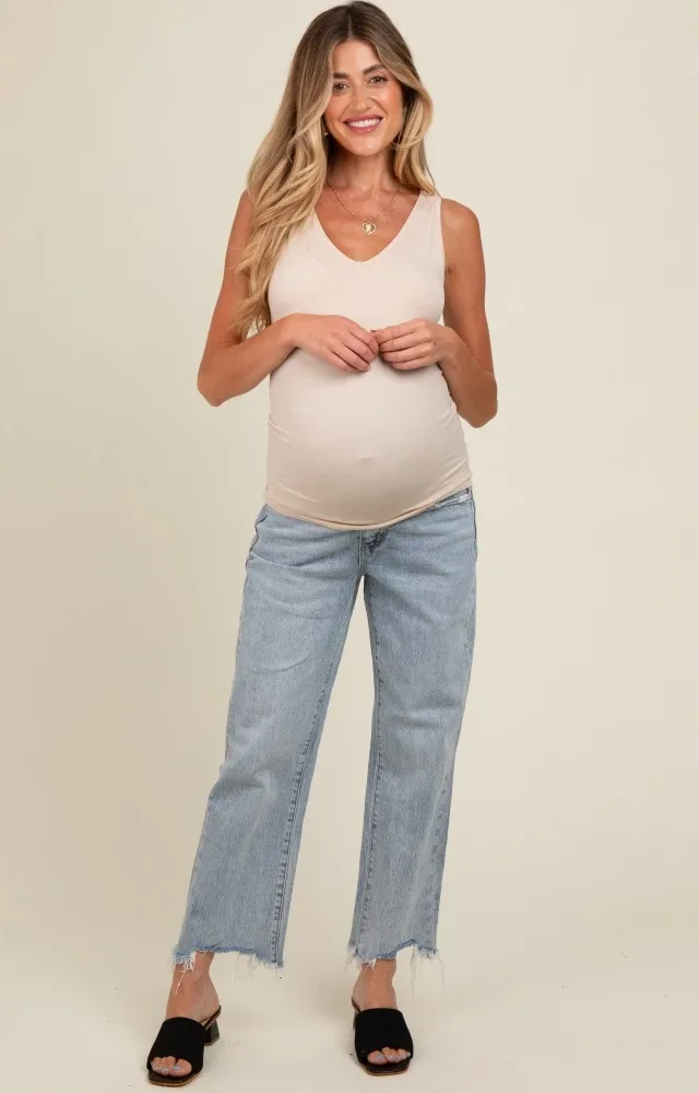 Light Blue Fringe Hem Maternity Straight Leg Jeans