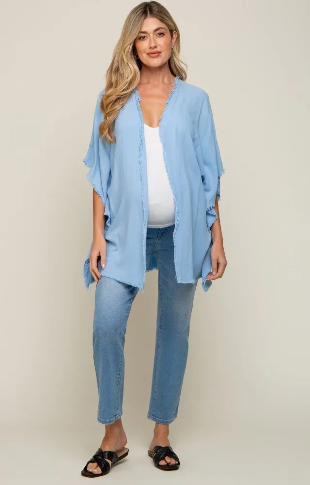 Light Blue Fringe Maternity Dolman Sleeve Cover Up