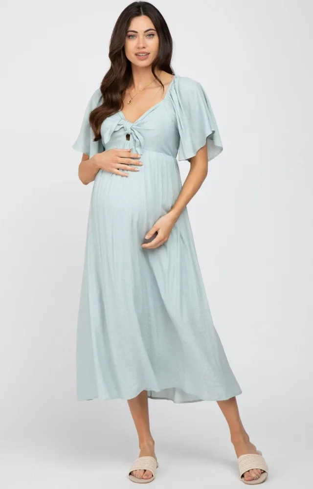 Light Blue Front Tie Ruffle Sleeve Maternity Midi Dress