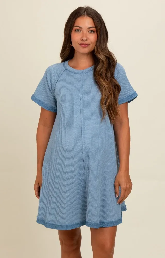 Light Blue Heather Ribbed Cut Seam Maternity Dress