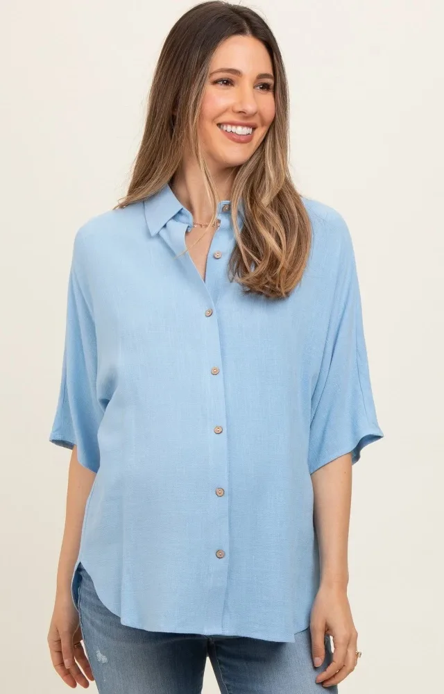 Light Blue Linen Dolman Half Sleeve Button Down Maternity Top